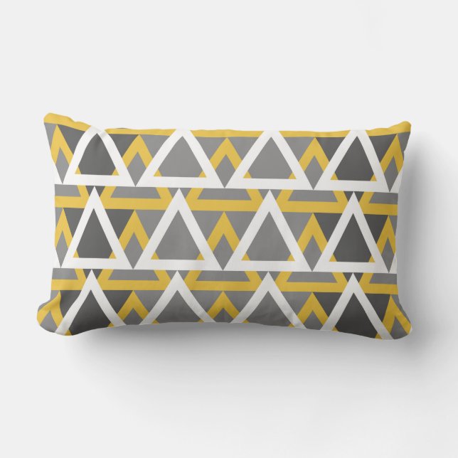 Coussin Rectangle Moderne, triangles, moutarde jaune, blanc, gris (Recto)