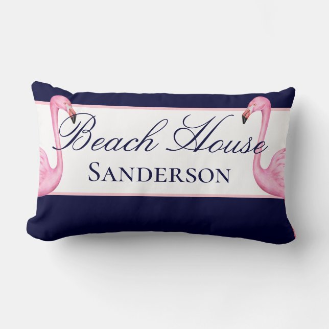 Coussin Rectangle Monogram Beach House Flamants roses roses bleu mar (Recto)