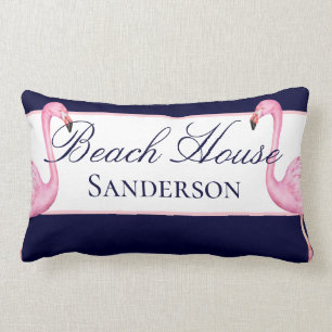 Coussin Rectangle Monogram Beach House Flamants roses roses bleu mar