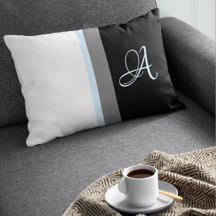 Coussin Rectangle Monogramme blanc, bleu, gris, noir rayé