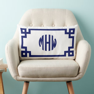 Coussin Rectangle Monogramme blanc Cercle bleu marine Clé grecque do