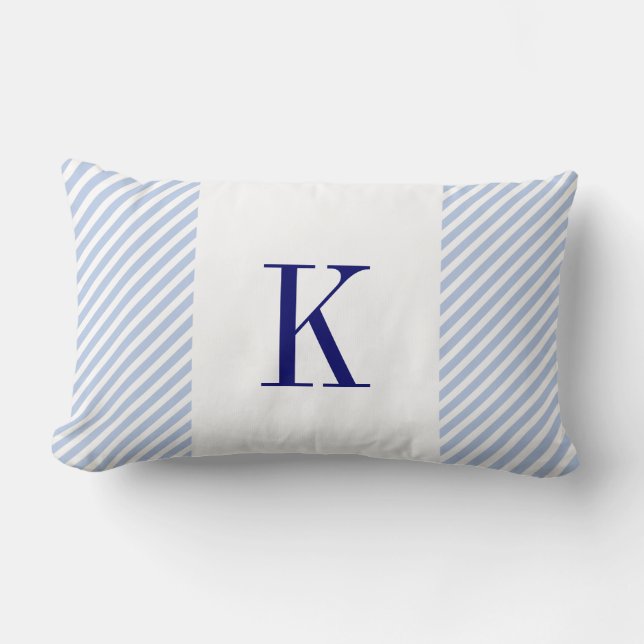 Coussin Rectangle Monogramme bleu-clair de bleu marine de rayures (Recto)