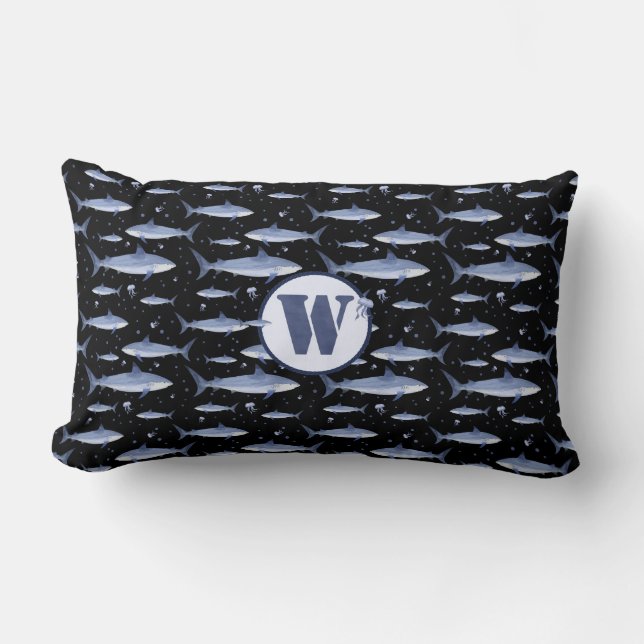 Coussin Rectangle Monogramme bleu marine Aquarelle requin + méduse (Recto)