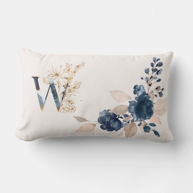 Coussin Rectangle Monogramme bleu marine et rose doré (Recto)