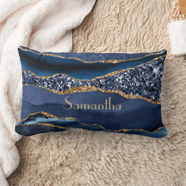 Coussin Rectangle Monogramme Blue Gold Parties scintillant Agate Mar (Couverture)