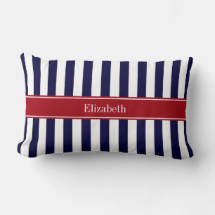 Coussin Rectangle Monogramme Cranberry Rayure Bleu Marine Blanc