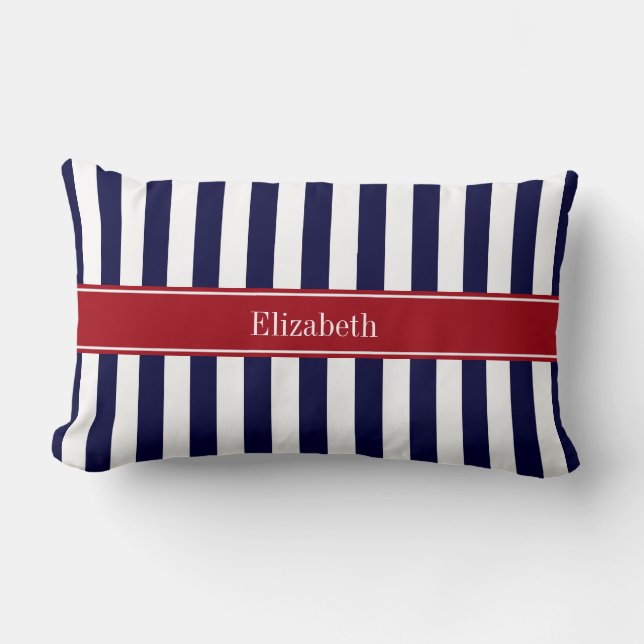 Coussin Rectangle Monogramme Cranberry Rayure Bleu Marine Blanc (Recto)