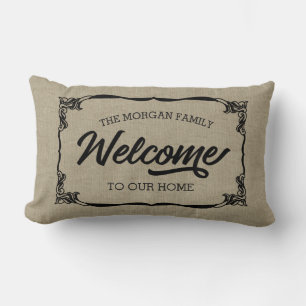 Coussin Rectangle monogramme de bienvenue de famille de ferme vintag