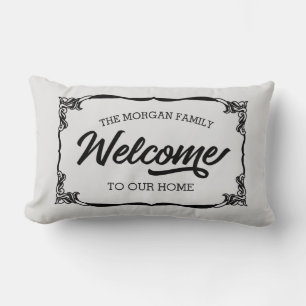 Coussin Rectangle monogramme de bienvenue de famille de ferme vintag
