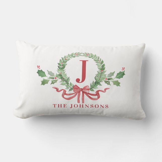 Coussin Rectangle Monogramme de couronne de Noël avec nom (Recto)