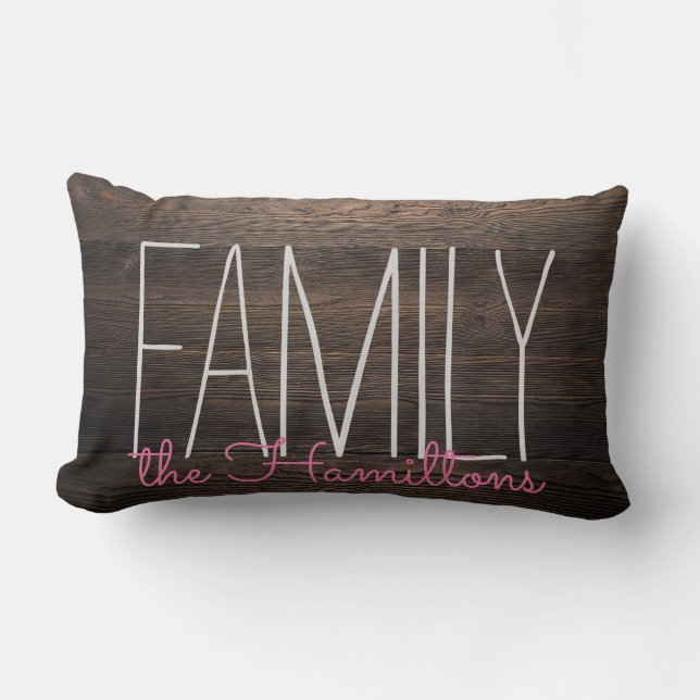 Coussin Rectangle Monogramme de famille chic en bois rustique en ros (Recto)
