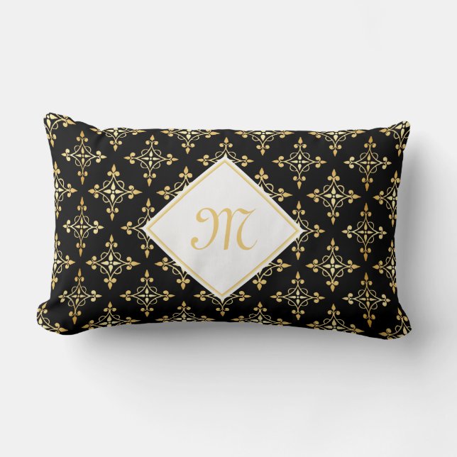 Coussin Rectangle Monogramme de luxe Noir et Or Quatre Floral (Recto)