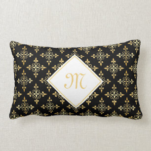 Coussin Rectangle Monogramme de luxe Noir et Or Quatre Floral