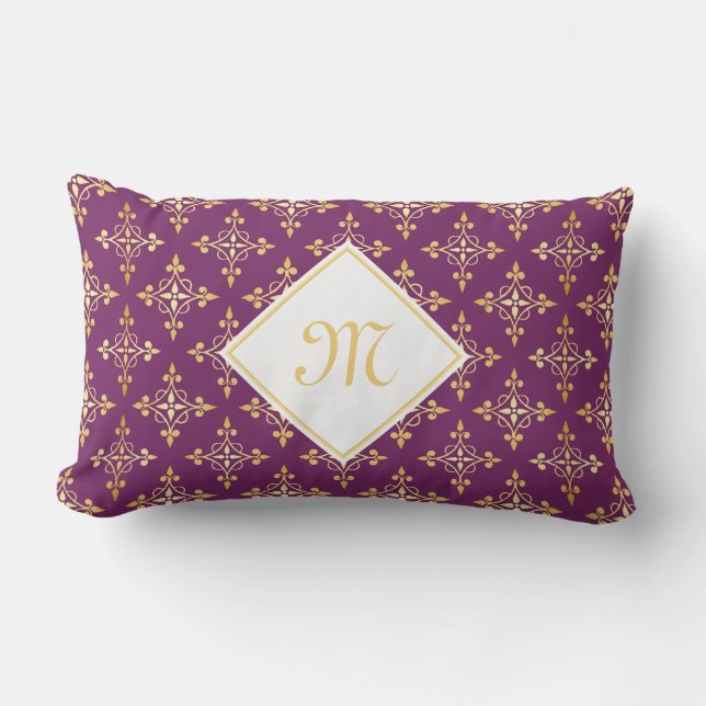 Coussin Rectangle Monogramme de luxe violet et or Quatre Floral (Recto)
