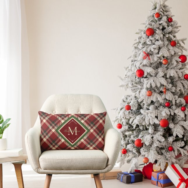 Coussin Rectangle Monogramme de Noël rustique Rouge Vert Plaid (Créateur téléchargé)