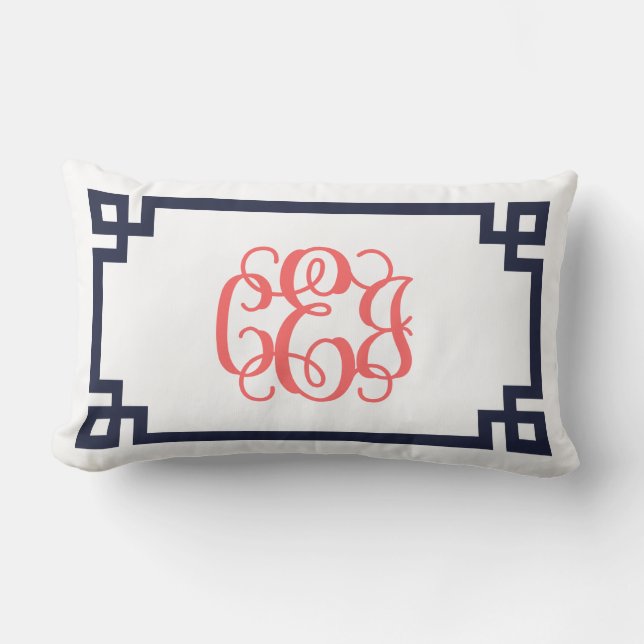 Coussin Rectangle Monogramme de script clé grecque CEJ Navy et Coral (Recto)