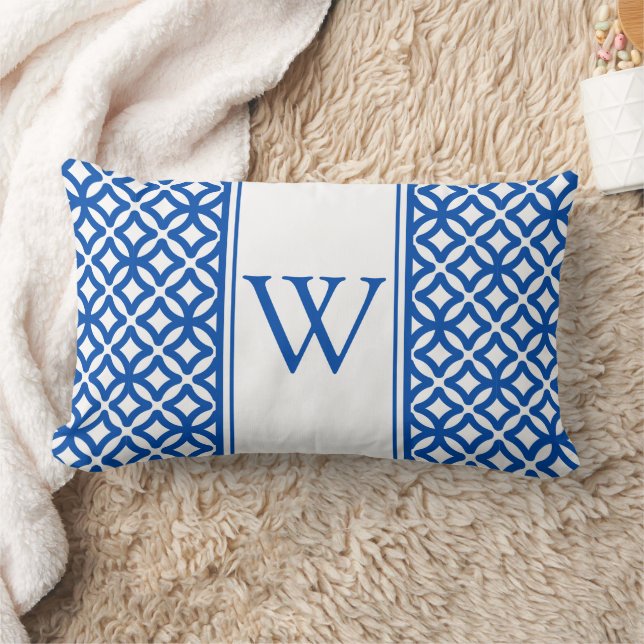 Coussin Rectangle Monogramme de Trellis arabe bleu et blanc (Couverture)