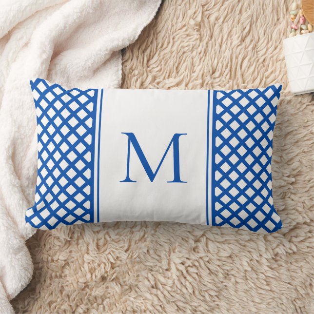 Coussin Rectangle Monogramme de Trellis de Jardin Bleu et Blanc (Couverture)