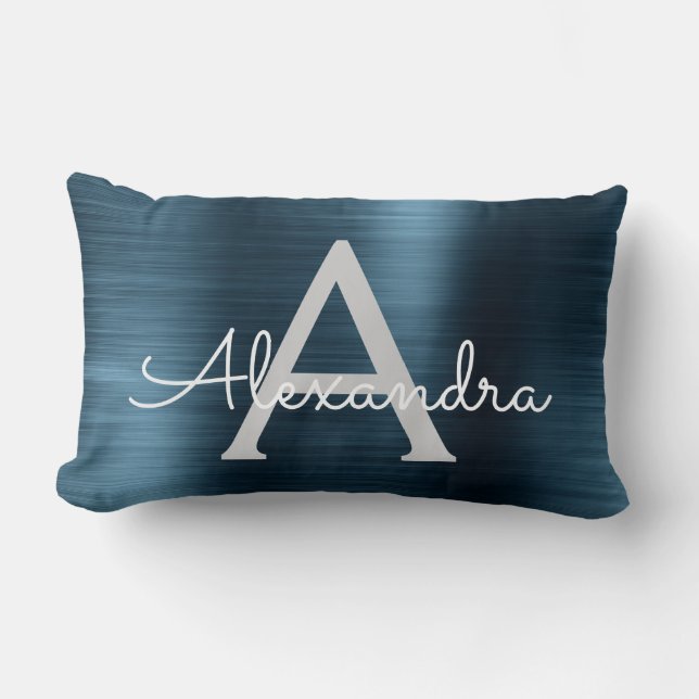 Coussin Rectangle Monogramme en acier inoxydable bleu de luxe Nom (Recto)