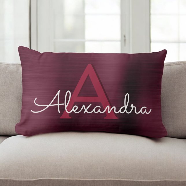 Coussin Rectangle Monogramme en acier inoxydable de Bourgogne Nom et (Créateur téléchargé)