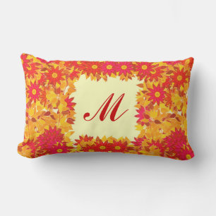 Coussin Rectangle Monogramme encadré de fleurs - rouge et or