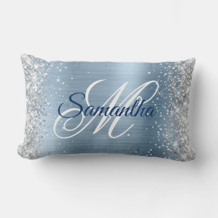 Coussin Rectangle Monogramme fantaisie pailleté argenté et bleu clai