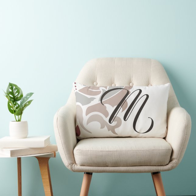 Coussin Rectangle Monogramme Fleur de Damas Rose Taupe (Chaise)