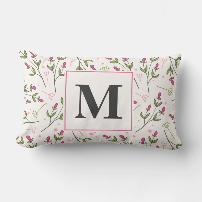 Coussin Rectangle Monogramme Fleur sauvage rose et vert à longue tig (Recto)
