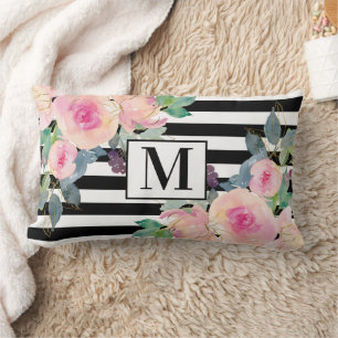Coussin Rectangle Monogramme floral aquarelle rose et rayure noir et