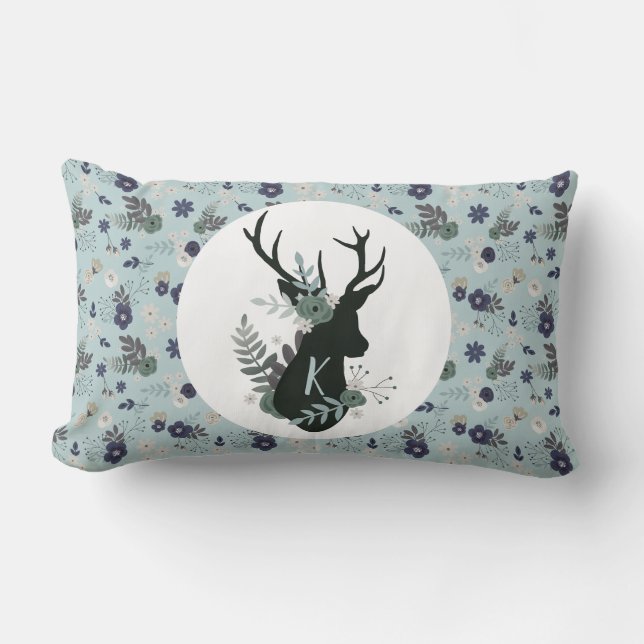 Coussin Rectangle Monogramme floral bleu de la tête de cerf rustique (Recto)