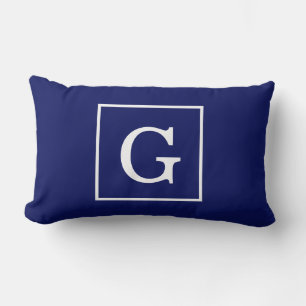 Coussin Rectangle Monogramme Initial Cadre Bleu Marine Blanc