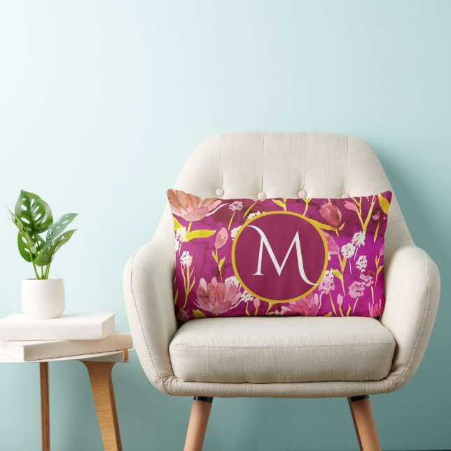 Coussin Rectangle Monogramme initial romantique Bourgogne florale (Chaise)