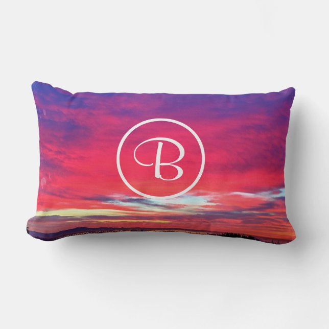 Coussin Rectangle Monogramme Initial Rose Chaud Bleu Coucher de Sole (Recto)