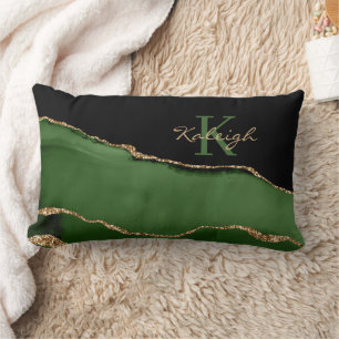 Coussin Rectangle Monogramme Marbre Or Pailleté Vert Noir Élégant