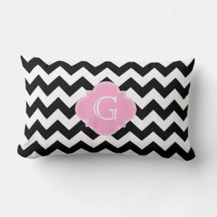 Coussin Rectangle Monogramme noir blanc Chevron rose Quatrefoil