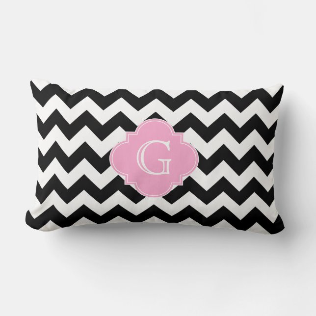 Coussin Rectangle Monogramme noir blanc Chevron rose Quatrefoil (Recto)
