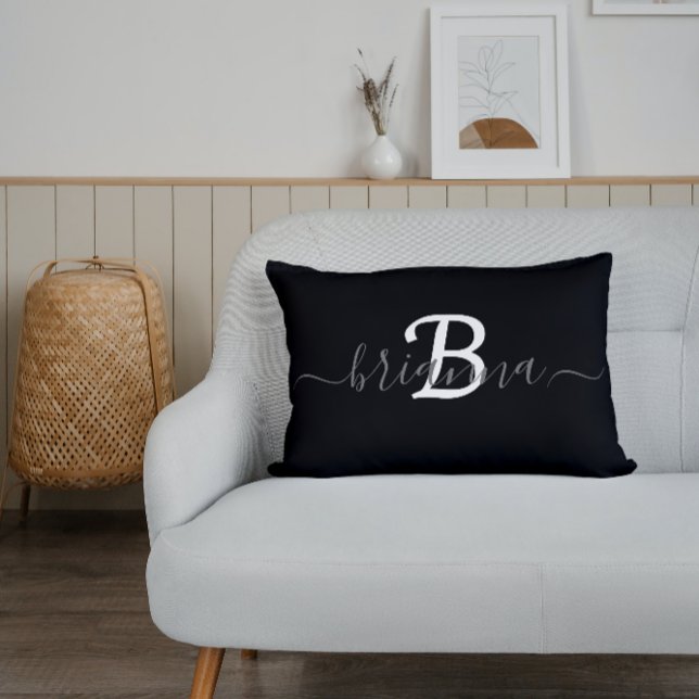 Coussin Rectangle Monogramme noir et blanc personnalisé initial (Créateur téléchargé)