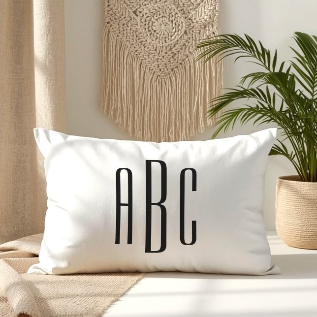 Coussin Rectangle Monogramme noir moderne à trois lettres (Black Modern Three Letter Monogram Lumbar Pillow)