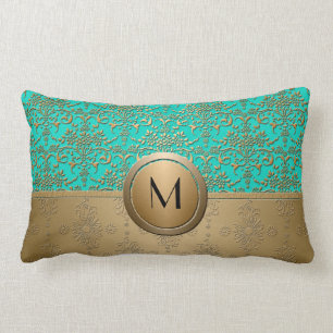 Coussin Rectangle Monogramme Or et Vert Turquoise Damassé
