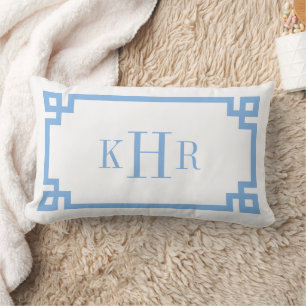 Coussin Rectangle Monogramme personnalisé bleu et blanc à clé grecqu