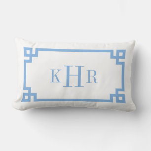 Coussin Rectangle Monogramme personnalisé bleu et blanc à clé grecqu