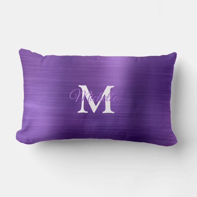 Coussin Rectangle Monogramme personnalisé en métal brossé violet (Recto)