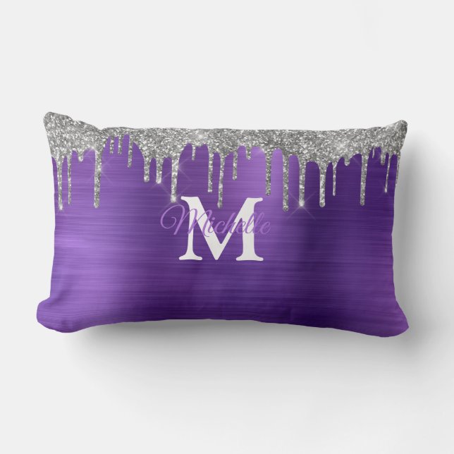 Coussin Rectangle Monogramme personnalisé en métal brossé violet (Recto)