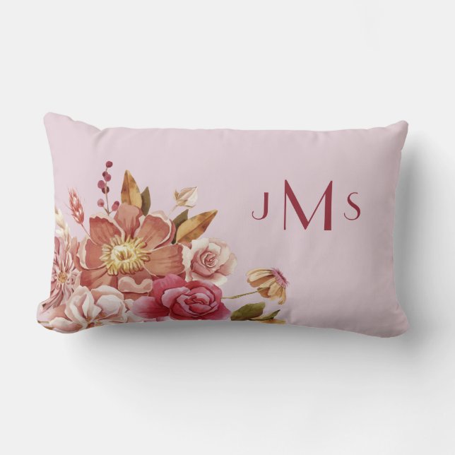 Coussin Rectangle Monogramme rose floral aquarelle (Recto)