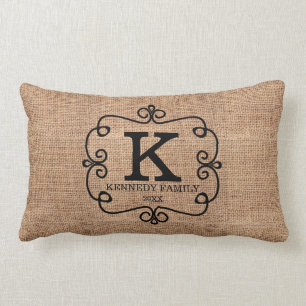 Coussin Rectangle Monogramme rustique de nom de famille de toile de