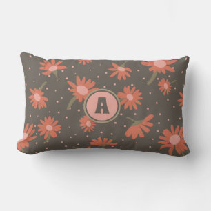 Coussin Rectangle Monogrammes marguerites Coral rose Brown motif flo