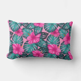 Coussin Rectangle Monstera feuilles et Hibiscus Turquoise et rose su
