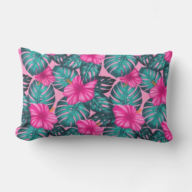 Coussin Rectangle Monstera feuilles et Hibiscus Turquoise et rose su (Recto)