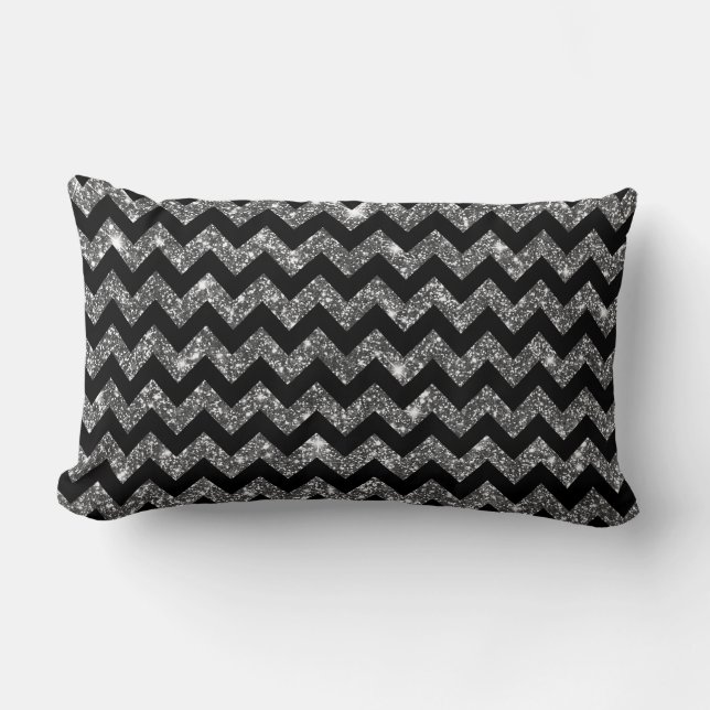 Coussin Rectangle Motif brillant argenté noir de Chevron de parties (Recto)