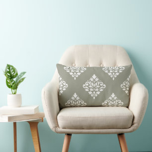 Coussin Rectangle Motif damassé à volutes (B) blanc sur vert